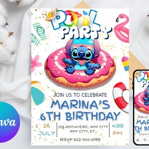 Editable Pool Party Stitch Girl Invitation, Pool Party Invitation, Stitch Pool Party Theme Girl Invite, Pool Birthday Party, Digital File