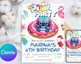 Editable Pool Party Stitch Girl Invitation, Pool Party Invitation, Stitch Pool Party Theme Girl Invite, Pool Birthday Party, Digital File