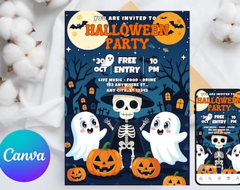 Uitnodiging voor Halloween-feest Digitale Halloween-uitnodigingssjabloon Afdrukbare uitnodiging Lets Get Spooky Ghost Party Trick or Treat Canva-sjabloon