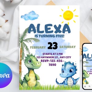 May include: A birthday invitation featuring the text "ALEXA IS TURNING FIVE!" with a watercolor design. The invitation includes the date, time, and RSVP information, along with illustrations of a green and blue dinosaur.