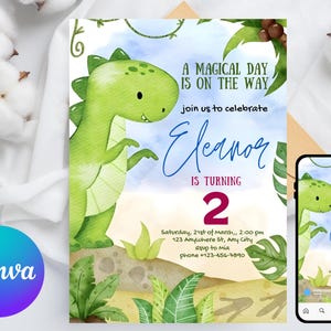 May include: A birthday invitation featuring a green dinosaur illustration. The invitation includes the text "A Magical Day Is On The Way" and "Eleanor Is Turning 2". The design incorporates watercolor elements and tropical foliage.