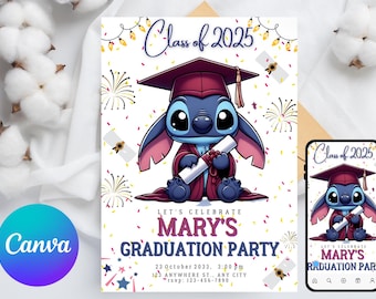 Stitch Graduation Party Invitation | Stitch kindergarten and school Party Invitation | Lilo Angel Invitation Download