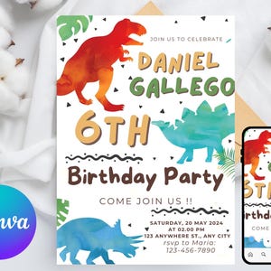 May include: A birthday party invitation featuring watercolor dinosaurs in red, blue, and green. The invitation includes the name "Daniel Gallego", the age "6th", and event details. A smartphone displays the invitation.