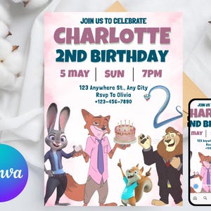 Plantilla editable de invitación de cumpleaños de Zootopia 2, descarga digital de Zootopia, Judy Hopps, invitación de Zootrópolis imagen 1