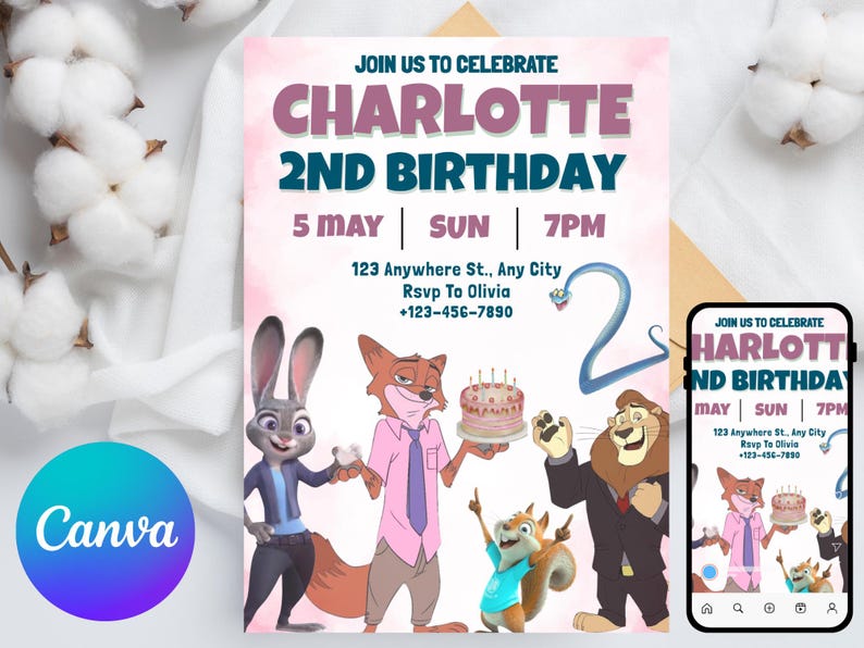 Plantilla editable de invitación de cumpleaños de Zootopia 2, descarga digital de Zootopia, Judy Hopps, invitación de Zootrópolis imagen 1