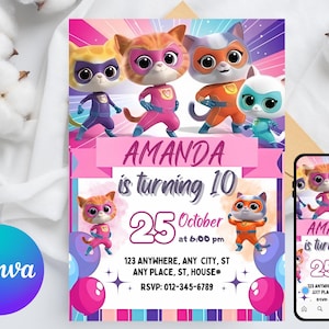 Printable Editable Super Kitty Invite, SuperKitty Birthday, SuperKitties Party invite template, Kitten Invitation Cute Invite