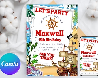 Pirate Birthday invitation, Ahoy Mateys, Pirate Invitation, Pirate Party, Boy Birthday Invitation, Editable Canva