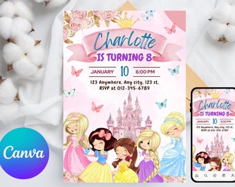 Prinses uitnodiging, sjabloon prinses verjaardagsuitnodiging, prinsessenfeest, verjaardagsfeestje, verjaardagsuitnodiging meisje, kroon verjaardag