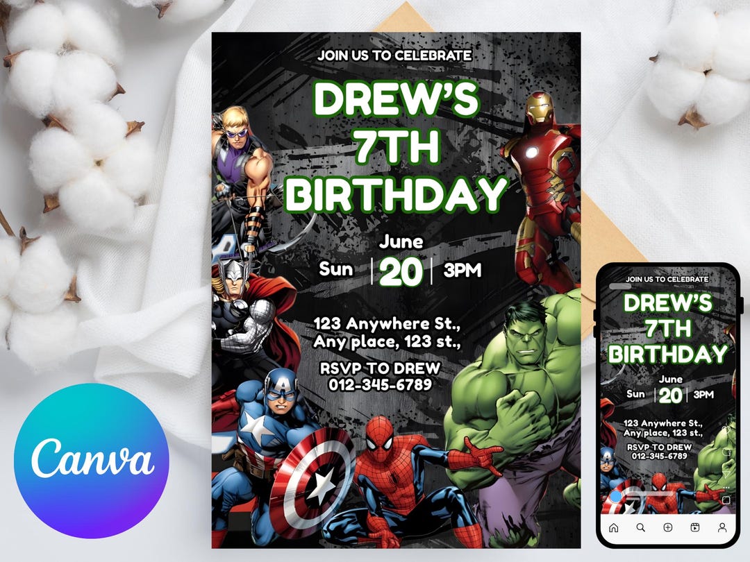 Editable Superheroes Birthday Invitation Template, Spider-man Iron Man ...