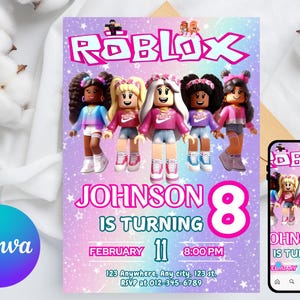May include: A Roblox-themed birthday invitation with the Roblox logo and five cartoon characters. The invitation includes the text "JOHNSON IS TURNING 8" with the date and time. A smartphone displays the same design.