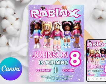 Invitación editable de Roblox Girl, tema de fiesta de cumpleaños de Roblox Girl, plantilla de invitación de cumpleaños de Roblox Girl, chica gamer, Canva editable