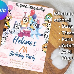 Puede incluir: Una invitaci&oacute;n rosa para una fiesta de cumplea&ntilde;os con personajes de Bluey, con el texto "7&ordm; Cumplea&ntilde;os de Helene". La invitaci&oacute;n incluye campos editables para fecha, hora, fuente y fotos. El logotipo de Canva es visible.