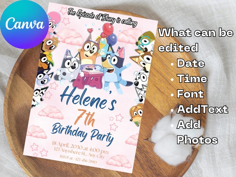 Puede incluir: Una invitaci&oacute;n rosa para una fiesta de cumplea&ntilde;os con personajes de Bluey, con el texto "7&ordm; Cumplea&ntilde;os de Helene". La invitaci&oacute;n incluye campos editables para fecha, hora, fuente y fotos. El logotipo de Canva es visible.