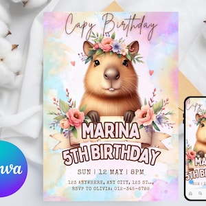 EDITABLE Capybara invitation , Capybara Birthday , Capy Birthday, Kawaii Capybara, Capybara Party Invite, Digital Template, Capybara Cute