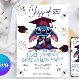 Stitch Graduation Blue Party Invitation | Stitch Lilo kindergarten and school Party Invitation | Lilo Angel Invitation Download Editable