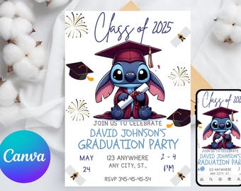 Stitch Graduation Blue Party Invitation | Stitch Lilo kindergarten and school Party Invitation | Lilo Angel Invitation Download Editable