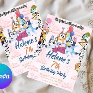 Puede incluir: Dos invitaciones rosas para una fiesta de cumplea&ntilde;os con personajes de dibujos animados de Bluey. Las invitaciones dicen "7&ordm; Cumplea&ntilde;os de Helene" con detalles del evento. La frase "El episodio de Bluey est&aacute; llamando" est&aacute; en la parte superior.