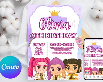 Zaproszenie urodzinowe dla dziewcząt Kpop Demon Hunters - edytowalny szablon Canva - Huntrix Girls - drukowane zaproszenie na przyjęcie urodzinowe do pobrania w wersji cyfrowej