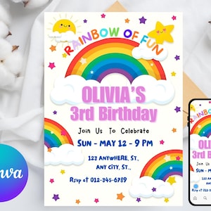 Rainbow Birthday Invitation, Girls Rainbow Party, Pastel Pink Gold Rainbow Clouds Hearts Rainbow of fun Invite, Editable Canva Template
