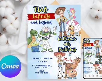 Toy Story-verjaardagsuitnodiging, bewerkbare Toy Story-uitnodiging, gepersonaliseerde Woody Buzz Jessie verjaardagsdownload, Two Infinity and Beyond