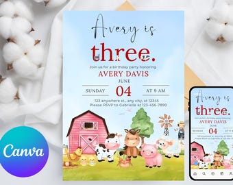 Editable Calling All Party Animals Farm Girl Birthday Invitation, Pink Farm Birthday Party Invite, Farm Animals Birthday Invite