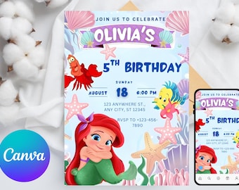 Invitación de cumpleaños de La Sirenita Invitación de La Sirenita Invitación de fiesta de Ariel Invitación de La Sirenita Tema EDITABLE Digital instantáneo