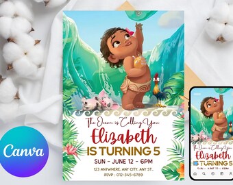 Convite de aniversário da Baby Moana editável | Convite de aniversário da Baby Moana para imprimir | Modelo de festa infantil | Convite no Canva | Download instantâneo