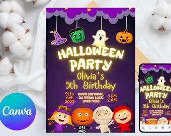 Uitnodiging voor Halloween-feest Digitale Halloween-uitnodigingssjabloon Afdrukbare uitnodiging Lets Get Spooky Ghost Party Trick or Treat Canva-sjabloon