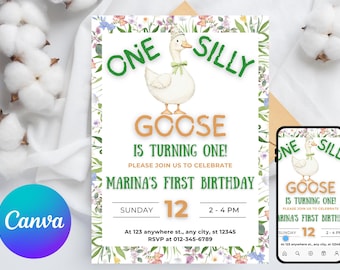 One Silly Goose verjaardagsuitnodiging, 1e verjaardag meisje roze uitnodiging afdrukbare, Goose 1e verjaardag, gans uitnodiging sjabloon Daisy Gingham