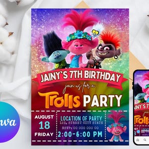 Trolls invitation, Trolls Birthday Invite Printable, Trolls Craziest Party Birthday Invitation, Digital Trolls Party Editable Template Canva