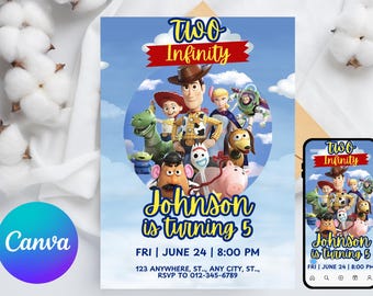 Toy Story-verjaardagsuitnodiging, bewerkbare Toy Story-uitnodiging, gepersonaliseerde Woody Buzz Jessie verjaardagsdownload, Two Infinity and Beyond