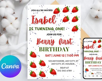 Editable Berry First Strawberry Birthday Invitation, Red Strawberry Birthday Invite, Berry Sweet Birthday Invitation Template