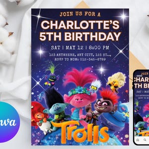 Trolls invitation, Trolls Birthday Invite Printable, Trolls Craziest Party Birthday Invitation, Digital Trolls Party Editable Template Canva