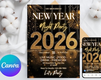 Cyfrowe zaproszenie na imprezę noworoczną, zaproszenie na obchody Nowego Roku, zaproszenie Black Gold, zaproszenie telefoniczne SMS/e-mail, edytowalna e-kartka z planem podróży | Canva
