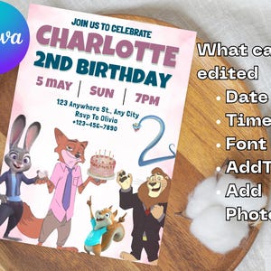 Puede incluir: Invitaci&oacute;n de cumplea&ntilde;os personalizada con personajes de dibujos animados. La invitaci&oacute;n dice "Charlotte 2nd Birthday" con la fecha, hora e informaci&oacute;n de RSVP. El logotipo de Canva est&aacute; en la esquina superior izquierda.