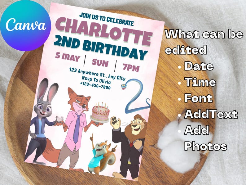 Puede incluir: Invitaci&oacute;n de cumplea&ntilde;os personalizada con personajes de dibujos animados. La invitaci&oacute;n dice "Charlotte 2nd Birthday" con la fecha, hora e informaci&oacute;n de RSVP. El logotipo de Canva est&aacute; en la esquina superior izquierda.