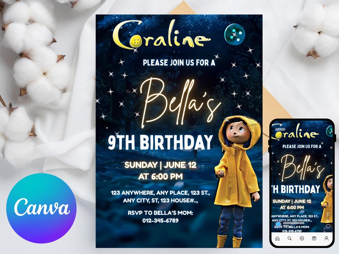 Editable Coraline Invitation Canva, Printable Coraline Birthday ...