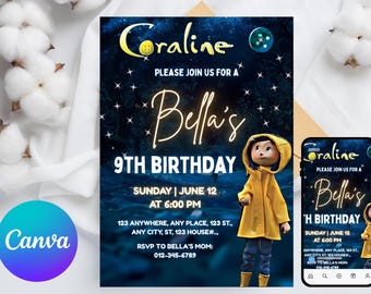 Editable Coraline Invitation Canva, Printable Coraline Birthday Invitation Card, Coraline Birthday Party, Digital Coraline Birthday Invite