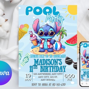 Convite editável para festa na piscina com tema Stitch Girl, convite para festa na piscina, convite para festa na piscina com tema Stitch Girl, festa de aniversário na piscina, arquivo digital