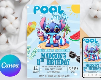 Editable Pool Party Stitch Girl Invitation, Pool Party Invitation, Stitch Pool Party Theme Girl Invite, Pool Birthday Party, Digital File