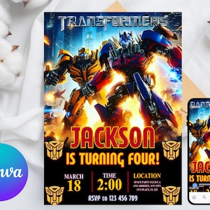 Könnte beinhalten: Eine digitale Einladung mit Transformers-Charakteren, mit dem Text "JACKSON WIRD VIER!" und Veranstaltungsdetails. Das Design beinhaltet das Transformers-Logo und ein Mobiltelefon, das dieselbe Einladung anzeigt.