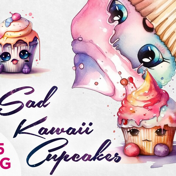 Sad Kawaii Cupcake, Sad Cupcakes Clipart, Depressed Cupcake, Fantasy Cupcake, Watercolor, Instant Download, Full Commercial Use, PNG Clipart