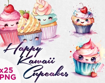 Happy Kawaii Cupcake, Happy Cupcakes Clipart, Fantasy Cupcake, aquarelle, téléchargement immédiat, utilisation commerciale complète, PNG Clipart