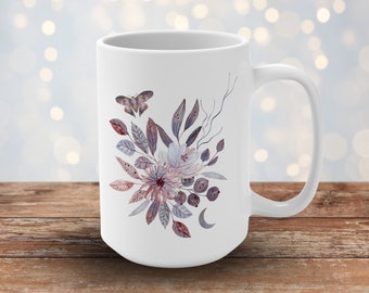 Floral Watercolor Moon Mug, Moth Mug, Lunar Moth, Wildflower Mug, Whimsical Coffee Cup, Moon Ceramic Mug, Double-sided Mug Design, 15oz Mug