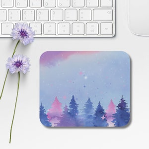 Pastel Watercolor Forest Mousepad, Aesthetic Desk Pad, Pastel Watercolor, Pink and Purple, Forest Mouse Pad, Whimsical Winter, Cute Mousepad