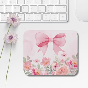 Floral Coquette Mouse Pad, Cute Pink Bow, Coquette Desk Decor, Unique Gift, Work from Home Accessories, Pink Mousepad, Aesthetic Mousemat