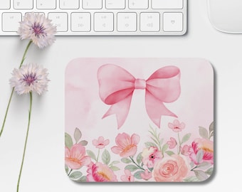 Floral Coquette Mouse Pad, Cute Pink Bow, Coquette Desk Decor, Unique Gift, Work from Home Accessories, Pink Mousepad, Aesthetic Mousemat