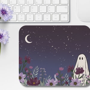 Aesthetic Ghost Mousepad With Purple Flowers, Floral Ghost, Vintage Ghost, Moon, Floral Mouse Pad, Cozy Desk Mat, Ghost Aesthetic Desktop