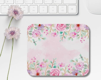Pink Floral Mouse Mat, Dragonfly Desk Mat, Watercolor Whimsical Fantasy Cottagecore Aesthetic Mouse Pad, Cute Colorful Wildflower Mousepad