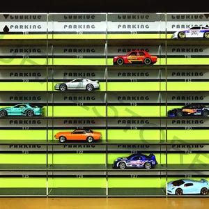 1/64 Scale Display Case for 28 Diecast Model Cars - Wall Shelf Rack Organizer - Parking Version - Gift for Collectors